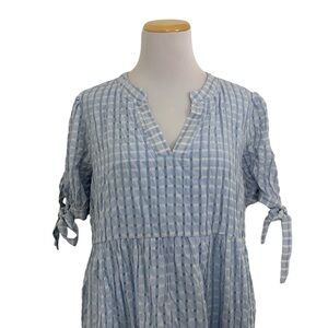 Seersucker Check Crinkle Midi Tiered Dress Size L blue & White Coastal
